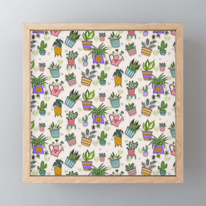 Houseplants in Colorful Pots Pattern in Beige Framed Mini Art Print
