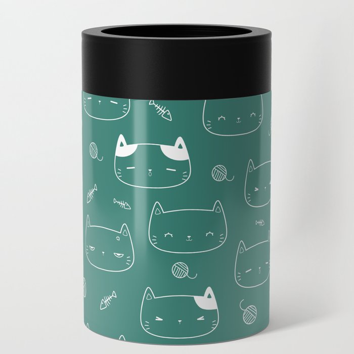 Green Blue and White Doodle Kitten Faces Pattern Can Cooler