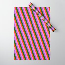 [ Thumbnail: Red, Violet, Orchid & Dark Green Colored Lined/Striped Pattern Wrapping Paper ]