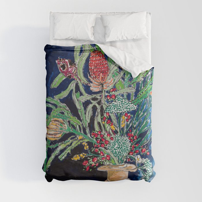 Yellow and Red Australian Wildflower Bouquet in Pottery Vase on Navy, Original Still Life Painting Duvet Cover
