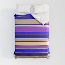 [ Thumbnail: Colorful Dark Orchid, Dark Blue, Beige, Blue & Tan Colored Striped Pattern Comforter ]