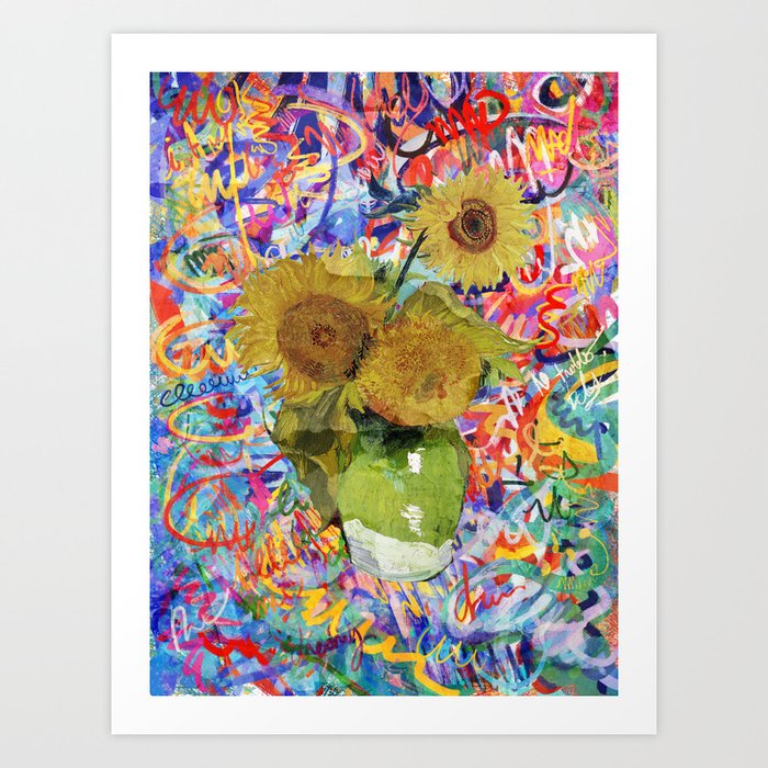 Van Gogh Sunflowers Remixed with My Graffiti Abstract Art  Art Print