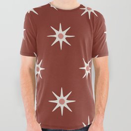 Atomic mid century retro star flower pattern in red background All Over Graphic Tee