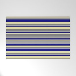 [ Thumbnail: Dark Gray, Blue, Pale Goldenrod, and Gray Colored Striped Pattern Welcome Mat ]
