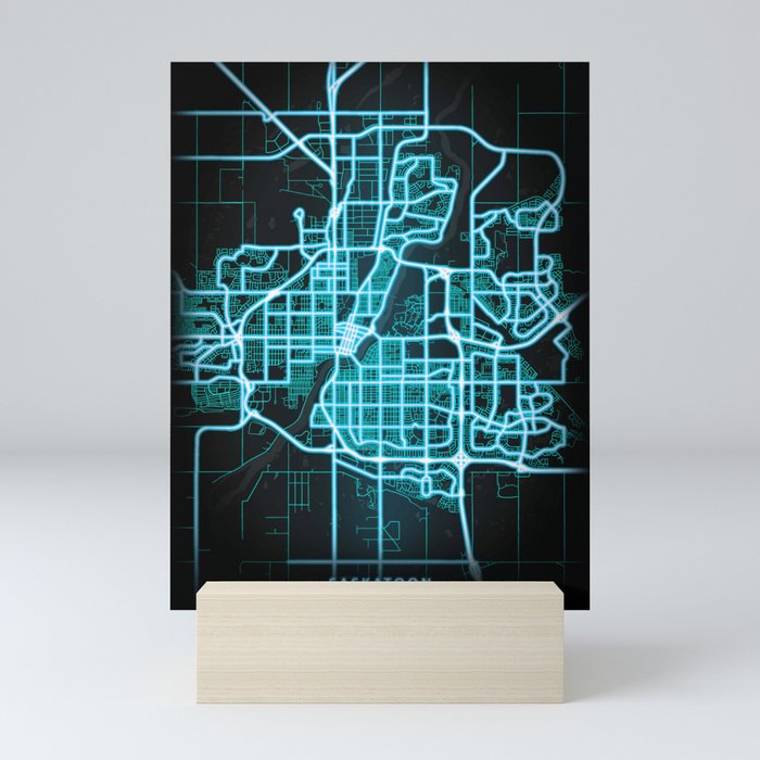 Saskatoon, SK, Canada, Blue, White, Neon, Glow, City, Map Mini Art Print