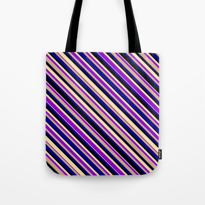 Eyecatching Beige, Dark Violet, Tan, Dark Blue & Black Colored Stripes/Lines Pattern Tote Bag