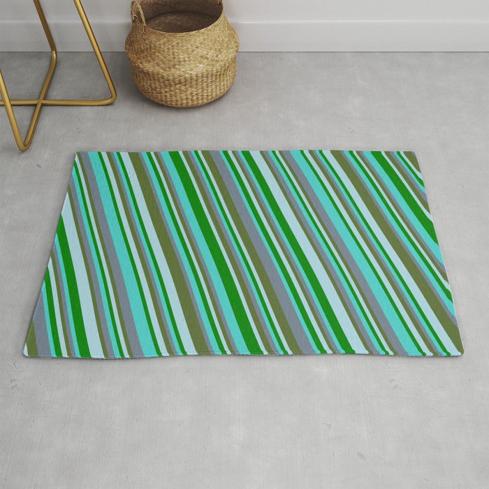 Turquoise, Slate Gray, Dark Olive Green, Light Blue, and Green Colored Striped/Lined Pattern Rug