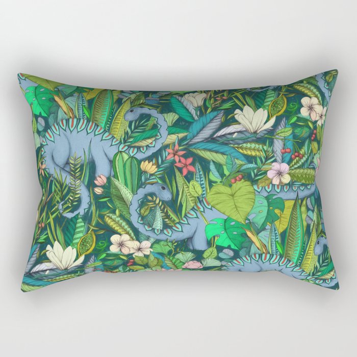 Improbable Botanical with Dinosaurs - dark green Rectangular Pillow