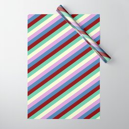 [ Thumbnail: Colorful Blue, Dark Red, Aquamarine, Light Yellow, and Plum Colored Pattern of Stripes Wrapping Paper ]