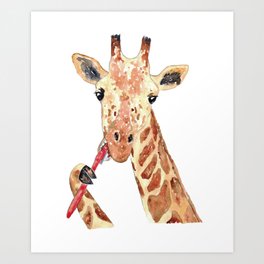 Giraffe brushing teeth bath watercolor  Art Print