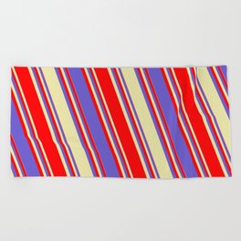 [ Thumbnail: Red, Slate Blue, and Pale Goldenrod Colored Lined/Striped Pattern Beach Towel ]