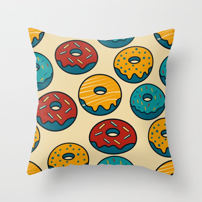 Retro Colorful Donut Pattern - Red & Yellow Throw Pillow