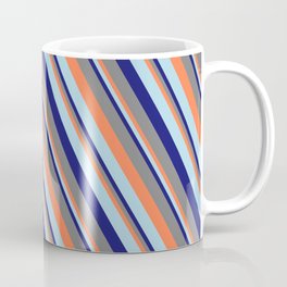 [ Thumbnail: Coral, Light Blue, Midnight Blue & Gray Colored Lines Pattern Coffee Mug ]