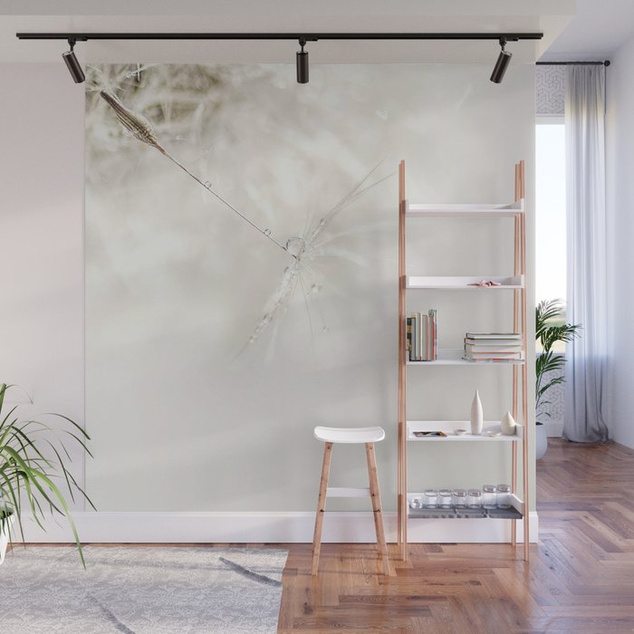 Sparkling dandelion seed head with droplet Wall Mural