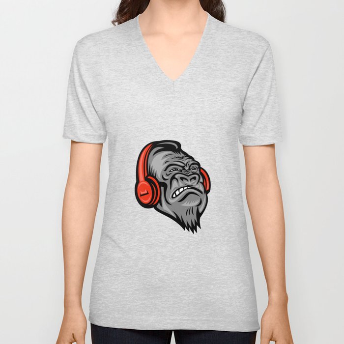 Gorilla Headphones Head Mascot Retro V Neck T Shirt