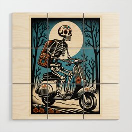 Mexican Sugar Skull Skeleton Ridding a Scooter Wood Wall Art