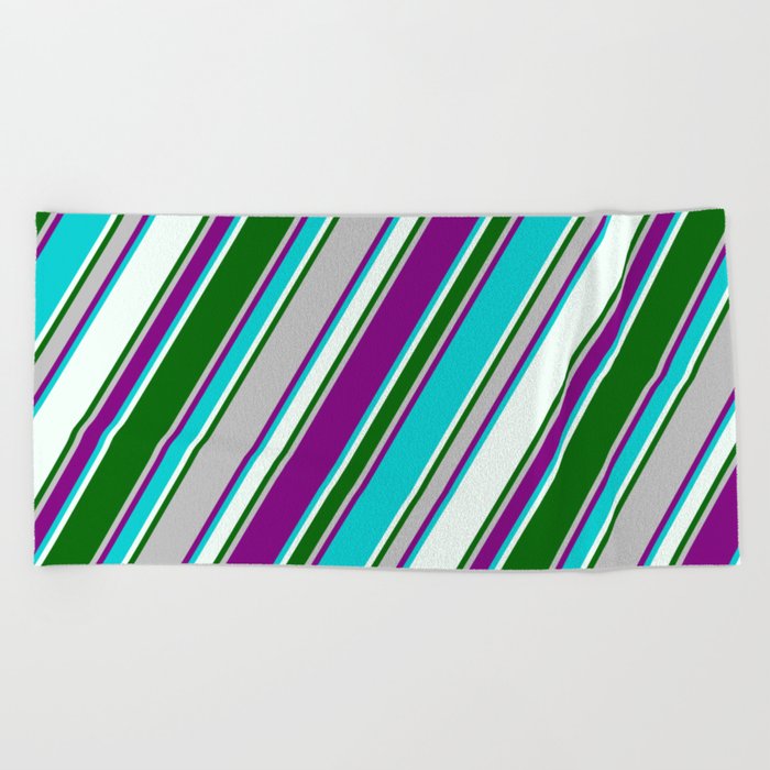 Colorful Grey, Purple, Dark Turquoise, Mint Cream & Dark Green Colored Pattern of Stripes Beach Towel