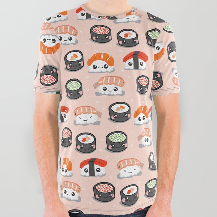 Happy Kawaii Sushi Pattern All Over Graphic Tee