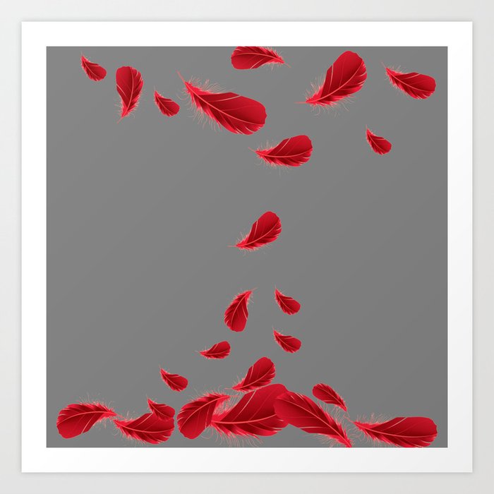 SCATTERED SURREAL FLOATING SCARLET RED FEATHERS ON GREY COLOR Art Print by  SharlesArt