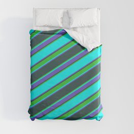 [ Thumbnail: Cyan, Slate Blue, Dark Slate Gray & Lime Green Colored Stripes Pattern Duvet Cover ]