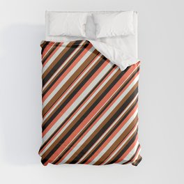 [ Thumbnail: Red, Mint Cream, Brown, and Black Colored Striped/Lined Pattern Duvet Cover ]