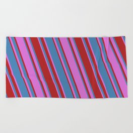 [ Thumbnail: Orchid, Red & Blue Colored Lined/Striped Pattern Beach Towel ]