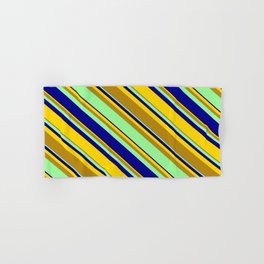 [ Thumbnail: Yellow, Dark Goldenrod, Green & Dark Blue Colored Lined/Striped Pattern Hand & Bath Towel ]