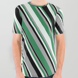 [ Thumbnail: Dark Gray, Sea Green, Mint Cream, and Black Colored Stripes/Lines Pattern All Over Graphic Tee ]