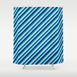 [ Thumbnail: Aqua, Blue, Dark Cyan, and Light Gray Colored Lined/Striped Pattern Shower Curtain ]