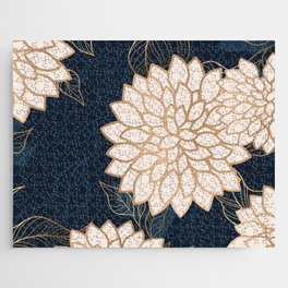 Floral Aesthetic in Navy, Ivory and Gold Jigsaw Puzzle