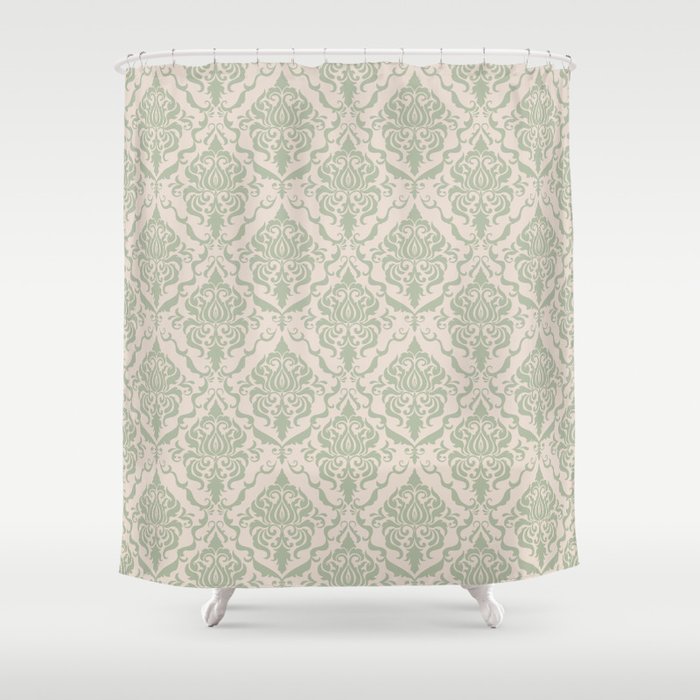 Ivory and Sage Green Damask Pattern Shower Curtain
