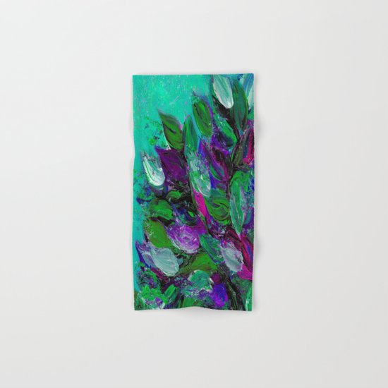 BLOOMING BEAUTIFUL 1 - Floral Painting Mint Green Seafoam Purple White Leaves Petals Summer Flowers Hand & Bath Towel