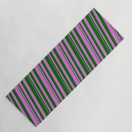 [ Thumbnail: Orchid & Dark Green Colored Lined/Striped Pattern Yoga Mat ]