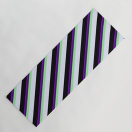 [ Thumbnail: Eyecatching Dark Violet, Indigo, Light Green, Lavender & Black Colored Stripes Pattern Yoga Mat ]