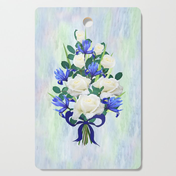 Blue Iris and Roses Bouquet with Blue Bow Cutting Board