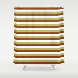 [ Thumbnail: Dark Khaki, Brown & White Colored Lines Pattern Shower Curtain ]