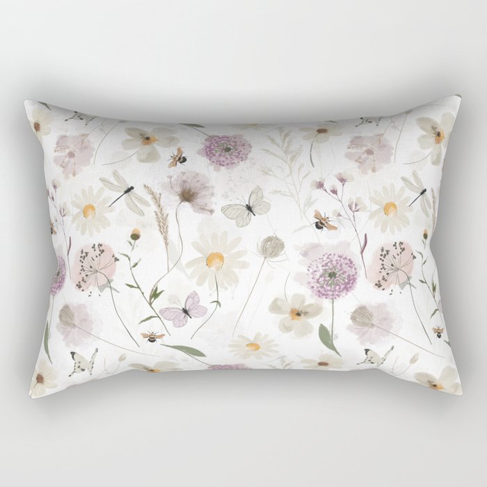 Cute Watercolor Spring Flowers Meadow Rectangular Pillow