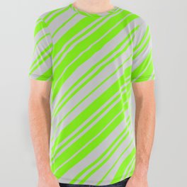 [ Thumbnail: Light Grey & Chartreuse Colored Lines/Stripes Pattern All Over Graphic Tee ]