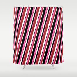 [ Thumbnail: Hot Pink, Brown, White & Black Colored Lined/Striped Pattern Shower Curtain ]