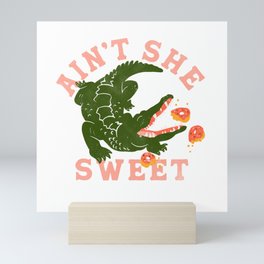 "Aint She Sweet" Cute Alligator Eating Donuts Design Mini Art Print