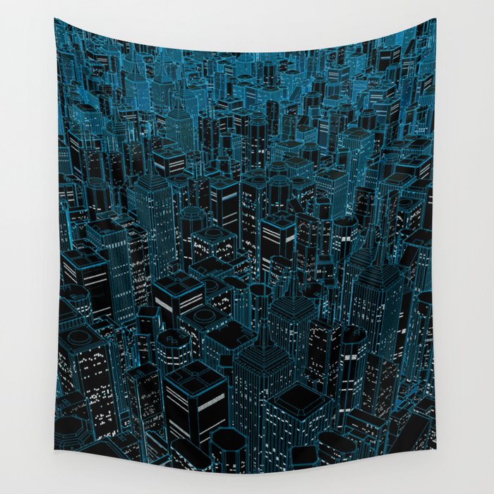 Night light city / Lineart city in blue Wall Tapestry
