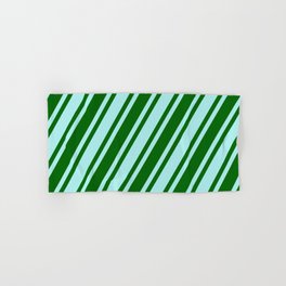 [ Thumbnail: Dark Green & Turquoise Colored Lined Pattern Hand & Bath Towel ]