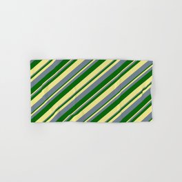 [ Thumbnail: Slate Gray, Dark Green & Tan Colored Lines/Stripes Pattern Hand & Bath Towel ]