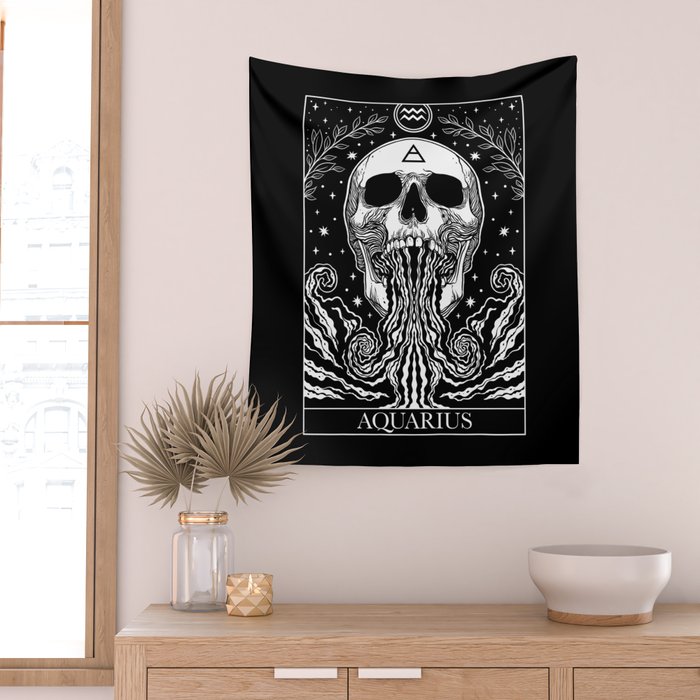 Zodiac sign dark gothic tarot card Aquarius Wall Tapestry