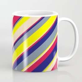 [ Thumbnail: Vibrant Light Slate Gray, Yellow, Bisque, Crimson & Midnight Blue Colored Lines/Stripes Pattern Coffee Mug ]