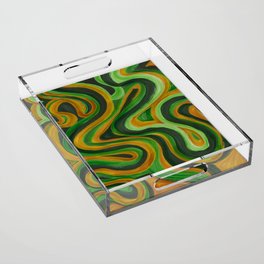 Abstract Retro Forest Green, Sage and Gold Swirl Lines Acrylic Tray