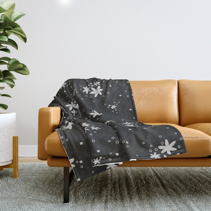 White flowers and dots pattern on black background Throw Blanket