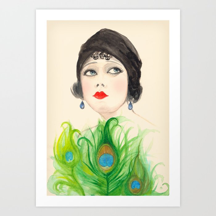 Peacock Feathers Vintage Style Portrait Of A Woman Art Print By