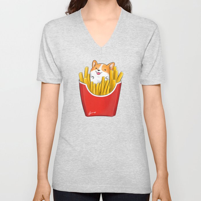 French Corgi Fries V Neck T Shirt