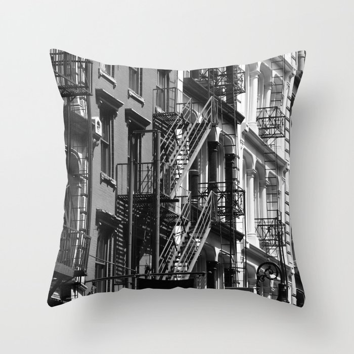 Cast iron antique brownstone fire escapes of New York, Harlem, Brooklyn & Queens architecture black and white cityscape photograph - photography - photographs Throw Pillow